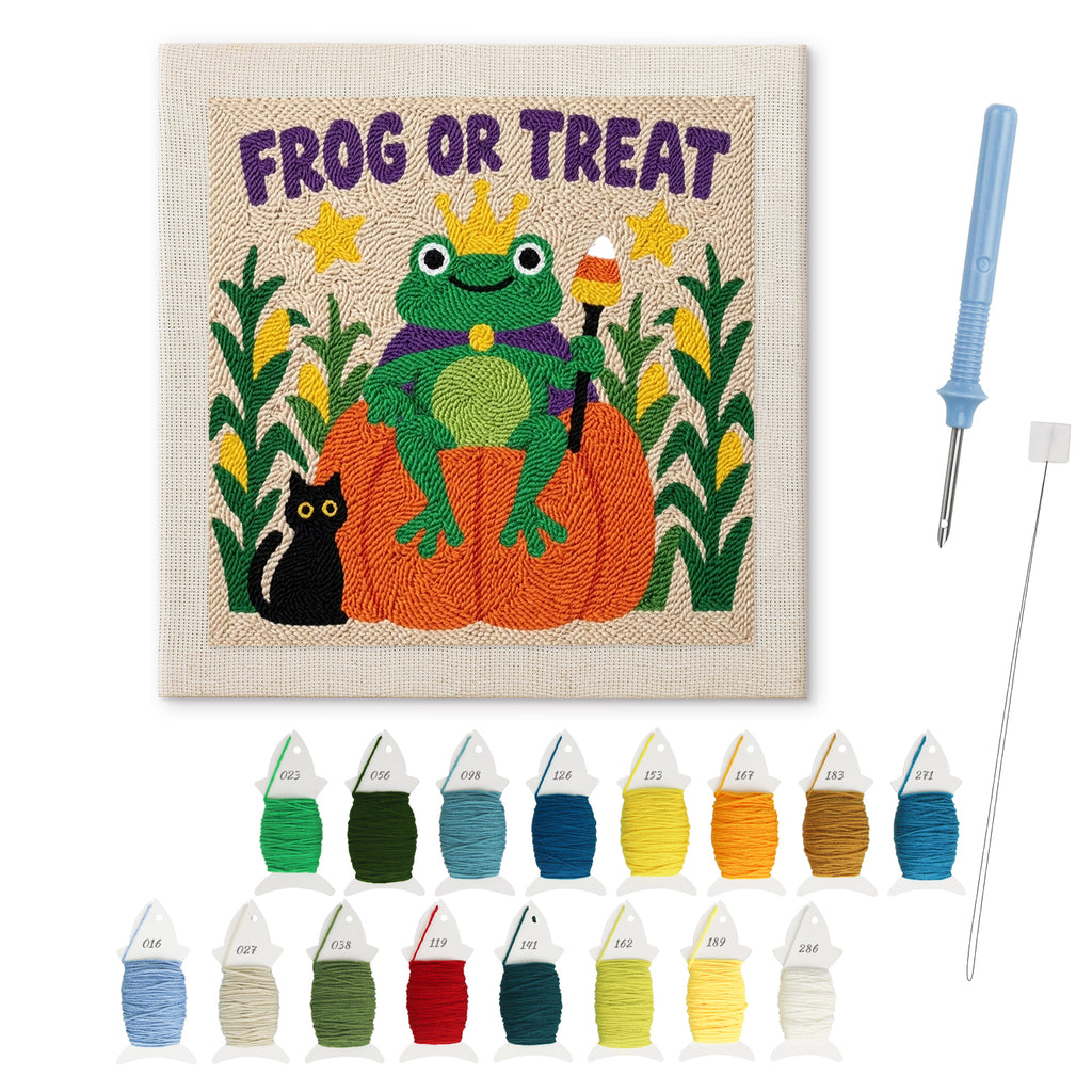 Frog or Treat punch needle kit: finished canvas with threads, punch needle and threader