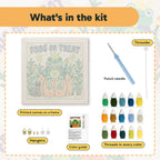 What is in the Frog or Treat kit: printed canvas, punch needle, threader, threads, color guide and hangers