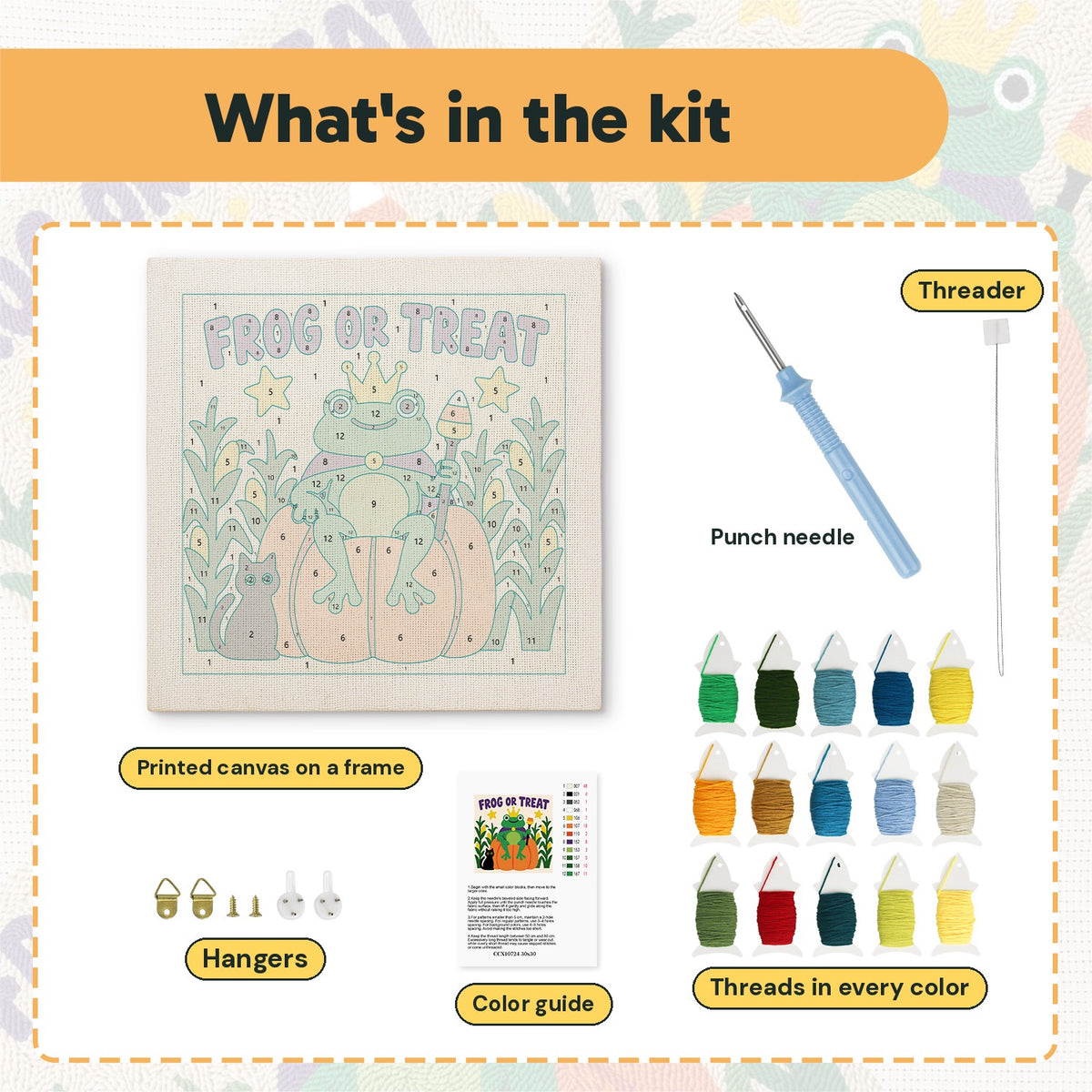 What is in the Frog or Treat kit: printed canvas, punch needle, threader, threads, color guide and hangers