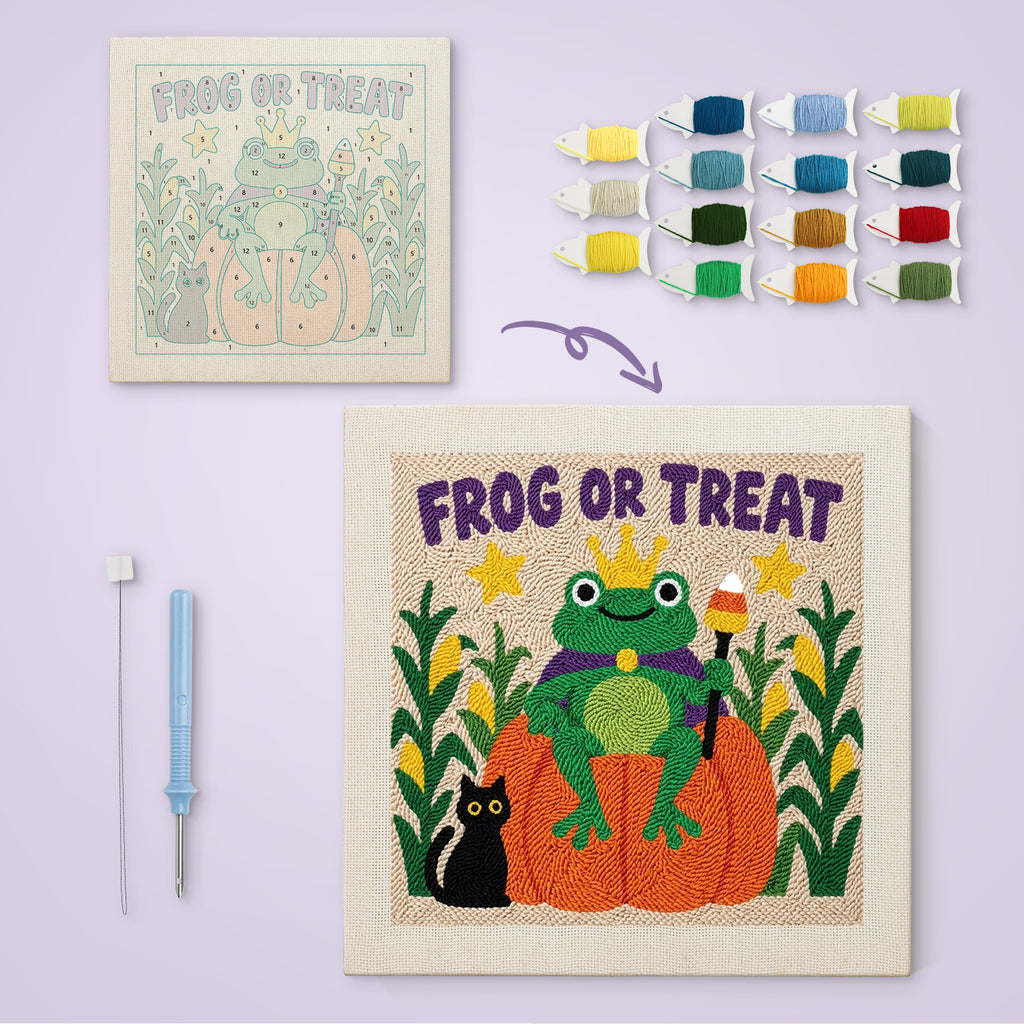Frog or Treat canvas before and after punching, with the threads and tools