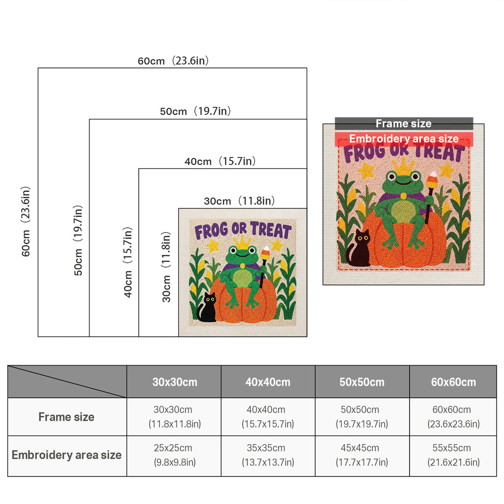 Size chart for square punch needle kits from 30 x 30 cm to 60 x 60 cm