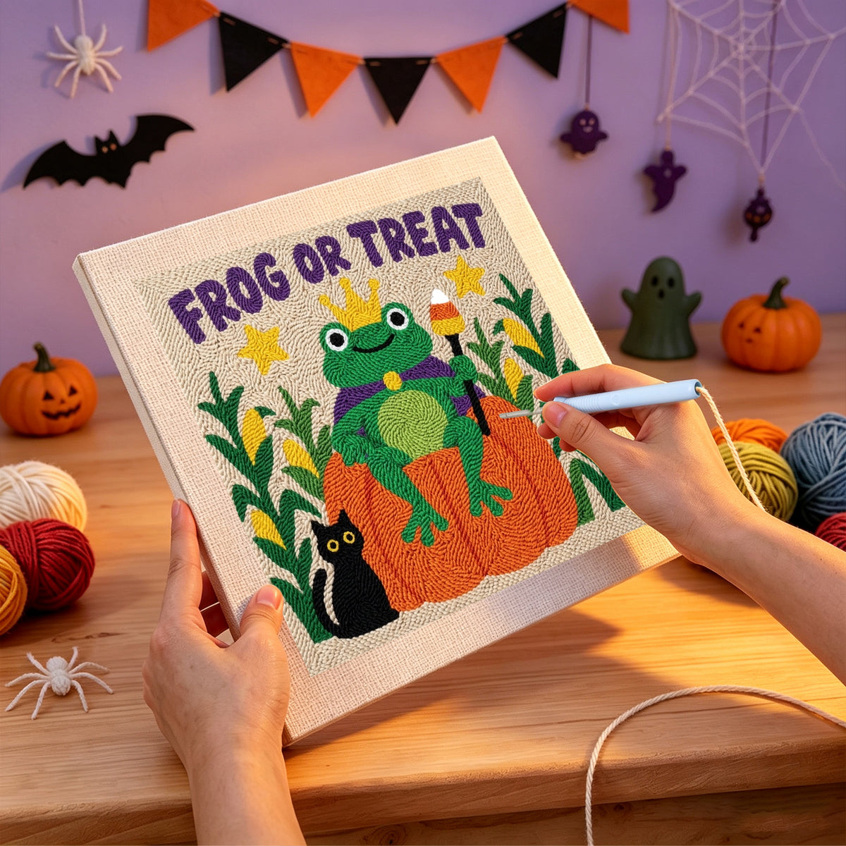 Punching the Frog or Treat design with the punch needle