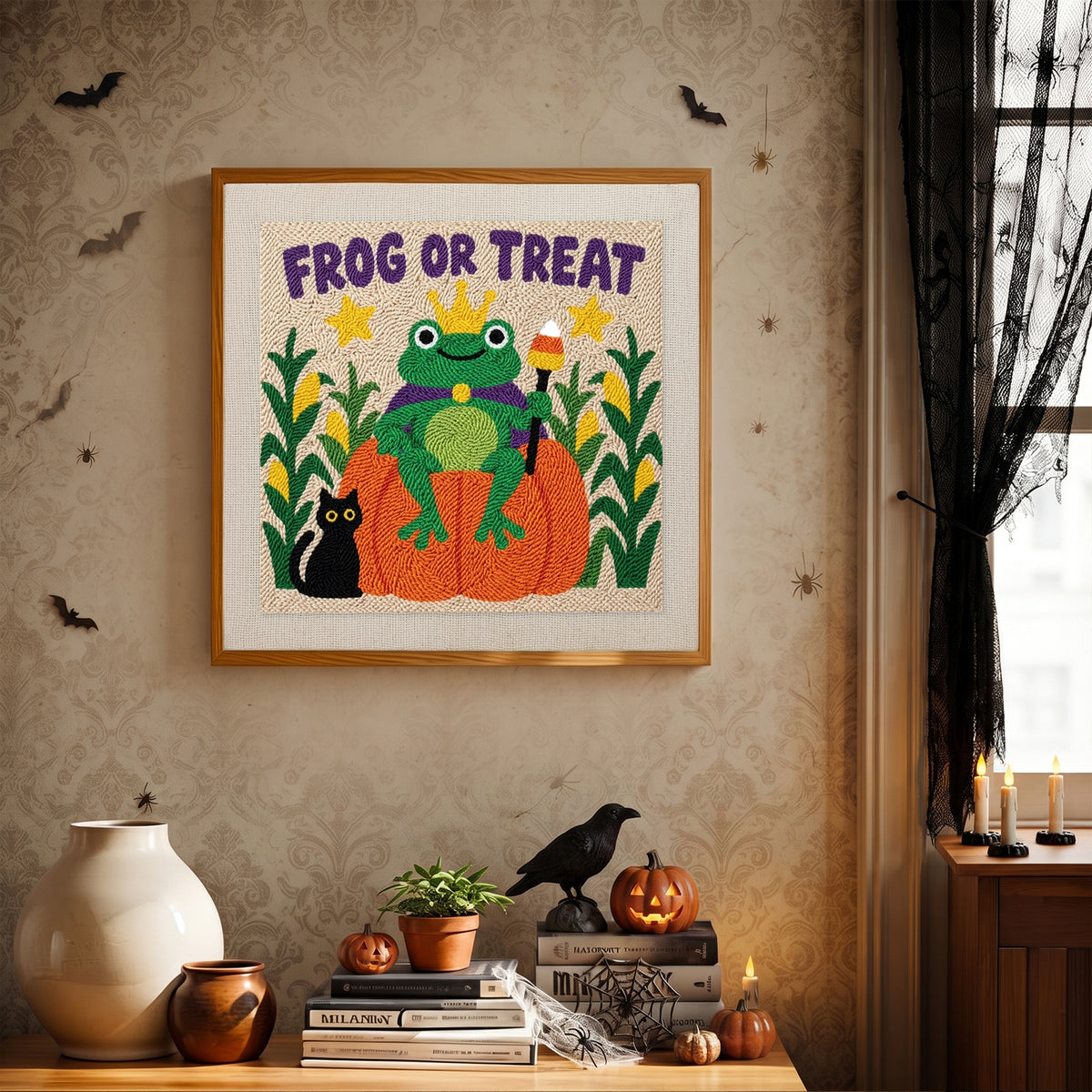 Finished Frog or Treat punch needle canvas on a wall