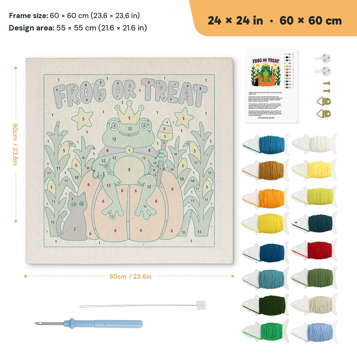 Frog or Treat punch needle kit, 24 × 24 in (60 × 60 cm): canvas size and kit contents