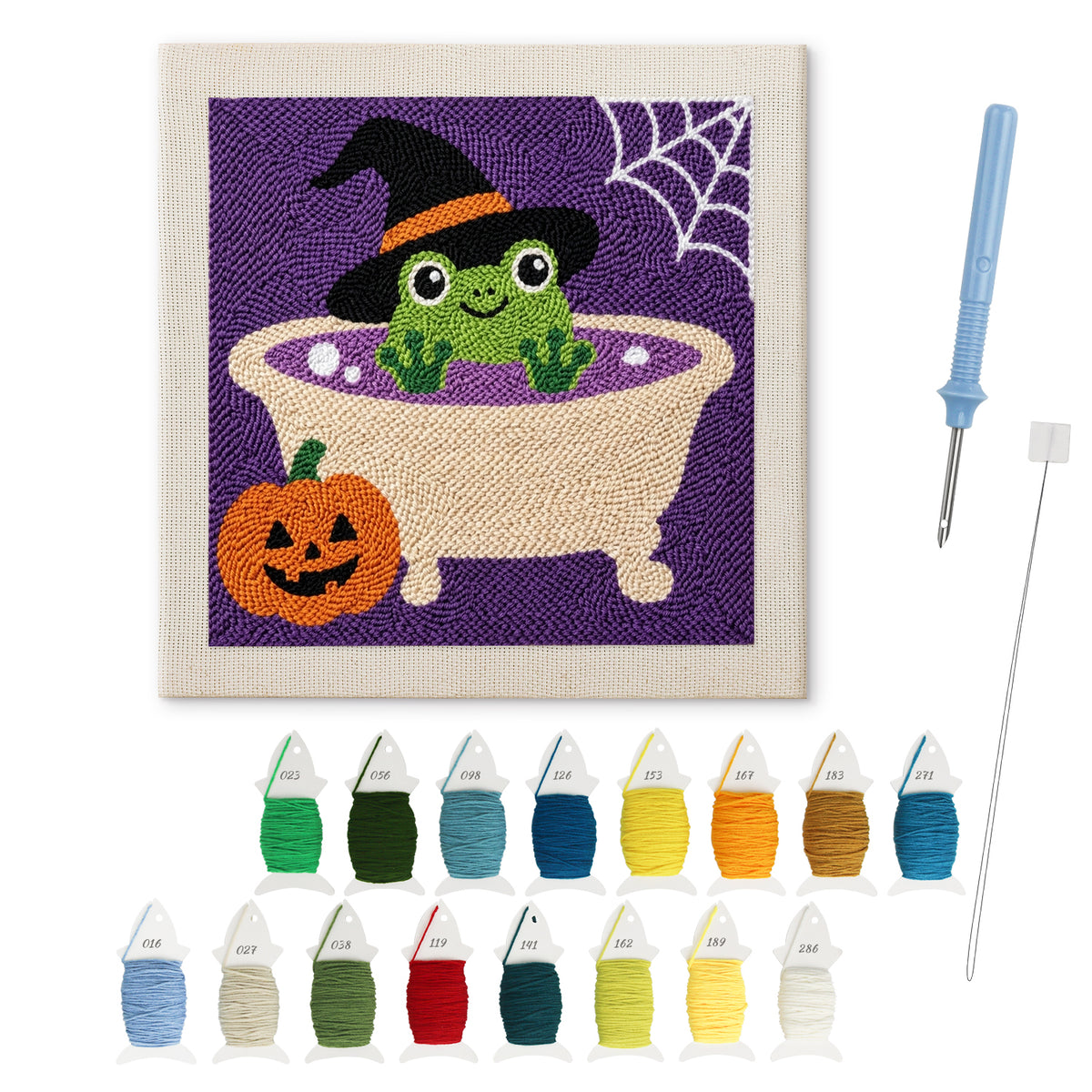 Frog Witch Bath punch needle kit: finished canvas with threads, punch needle and threader