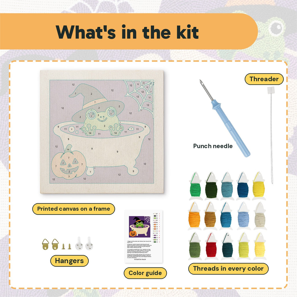 What is in the Frog Witch Bath kit: printed canvas, punch needle, threader, threads, color guide and hangers