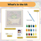 What is in the Frog Witch Bath kit: printed canvas, punch needle, threader, threads, color guide and hangers