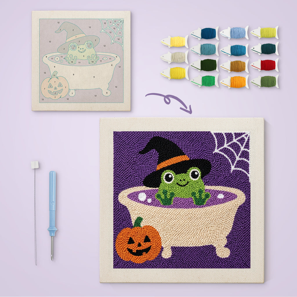 Frog Witch Bath canvas before and after punching, with the threads and tools