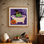 Finished Frog Witch Bath punch needle canvas on a wall