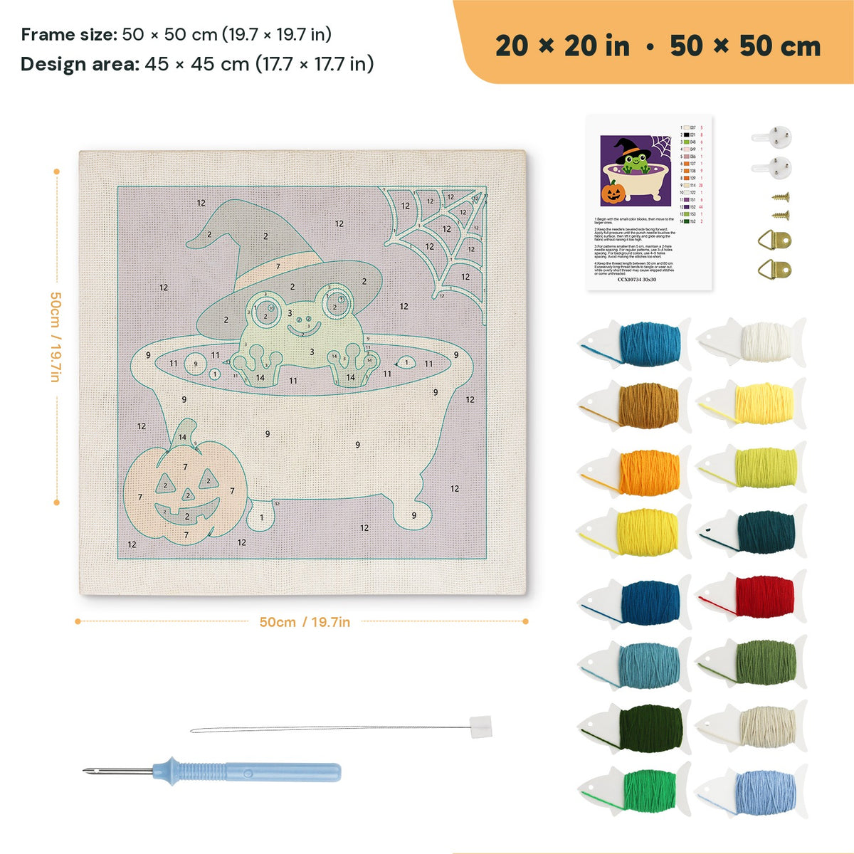 Frog Witch Bath punch needle kit, 20 × 20 in (50 × 50 cm): canvas size and kit contents