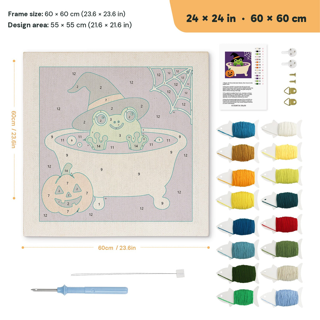 Frog Witch Bath punch needle kit, 24 × 24 in (60 × 60 cm): canvas size and kit contents