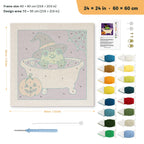 Frog Witch Bath punch needle kit, 24 × 24 in (60 × 60 cm): canvas size and kit contents
