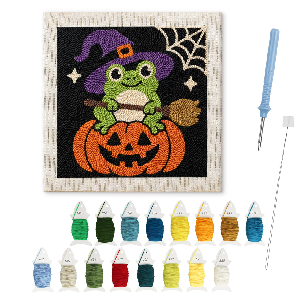 Frog Witch on a Pumpkin punch needle kit: finished canvas with threads, punch needle and threader