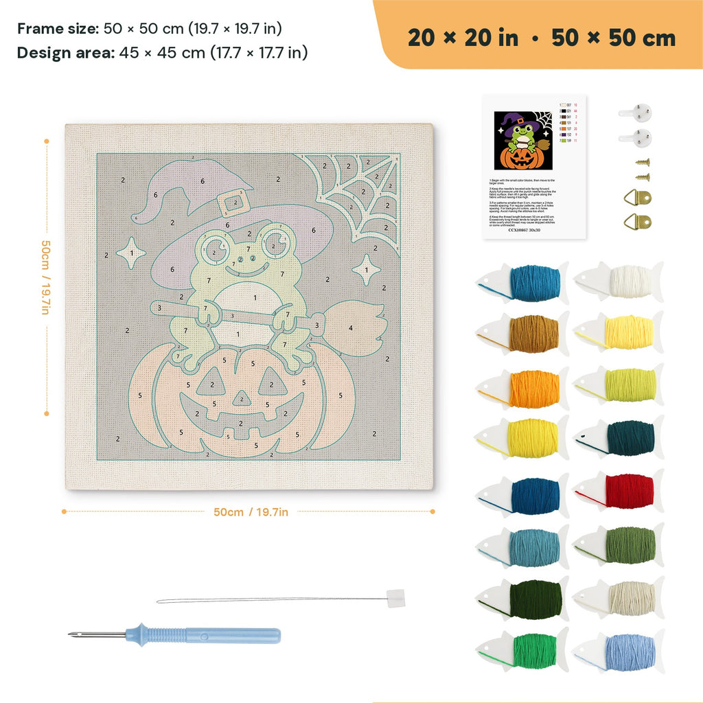 Frog Witch on a Pumpkin punch needle kit, 20 × 20 in (50 × 50 cm): canvas size and kit contents
