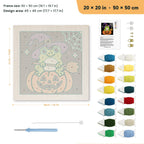 Frog Witch on a Pumpkin punch needle kit, 20 × 20 in (50 × 50 cm): canvas size and kit contents