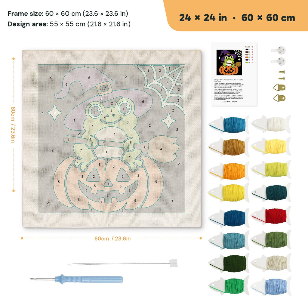 Frog Witch on a Pumpkin punch needle kit, 24 × 24 in (60 × 60 cm): canvas size and kit contents