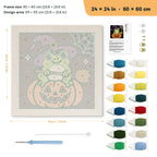 Frog Witch on a Pumpkin punch needle kit, 24 × 24 in (60 × 60 cm): canvas size and kit contents