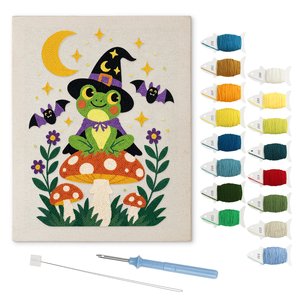 Frog Witch on a Toadstool punch needle kit: finished canvas with threads, punch needle and threader