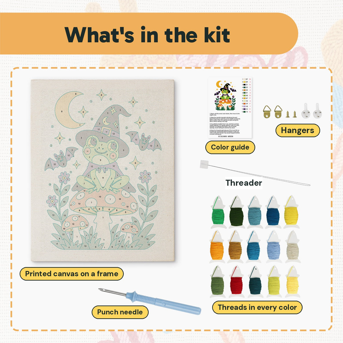 What is in the Frog Witch on a Toadstool kit: printed canvas, punch needle, threader, threads, color guide and hangers