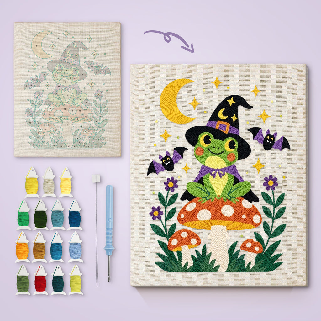 Frog Witch on a Toadstool canvas before and after punching, with the threads and tools