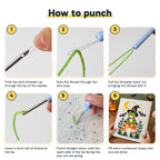Six steps showing how to thread and use the punch needle
