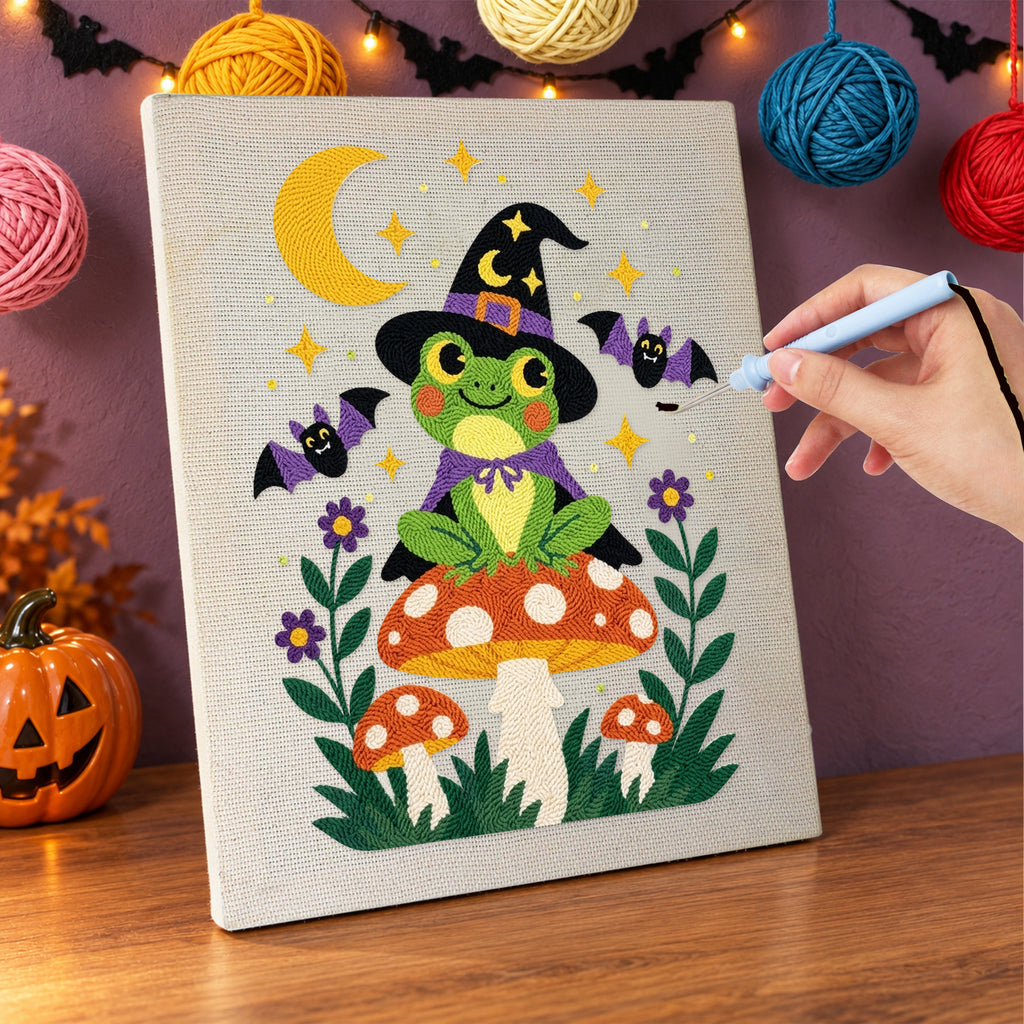 Punching the Frog Witch on a Toadstool design with the punch needle