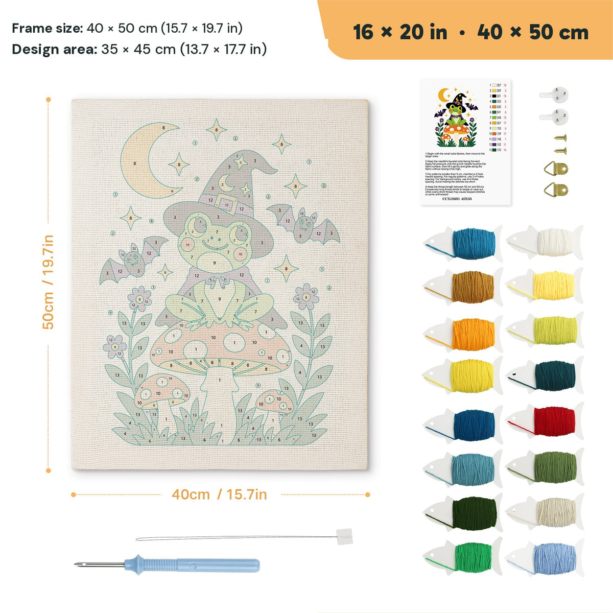 Frog Witch on a Toadstool punch needle kit, 16 × 20 in (40 × 50 cm): canvas size and kit contents