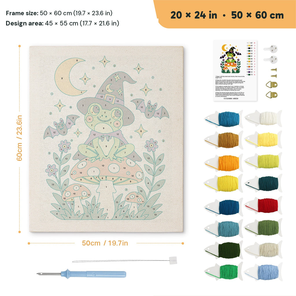 Frog Witch on a Toadstool punch needle kit, 20 × 24 in (50 × 60 cm): canvas size and kit contents