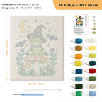 Frog Witch on a Toadstool punch needle kit, 20 × 24 in (50 × 60 cm): canvas size and kit contents
