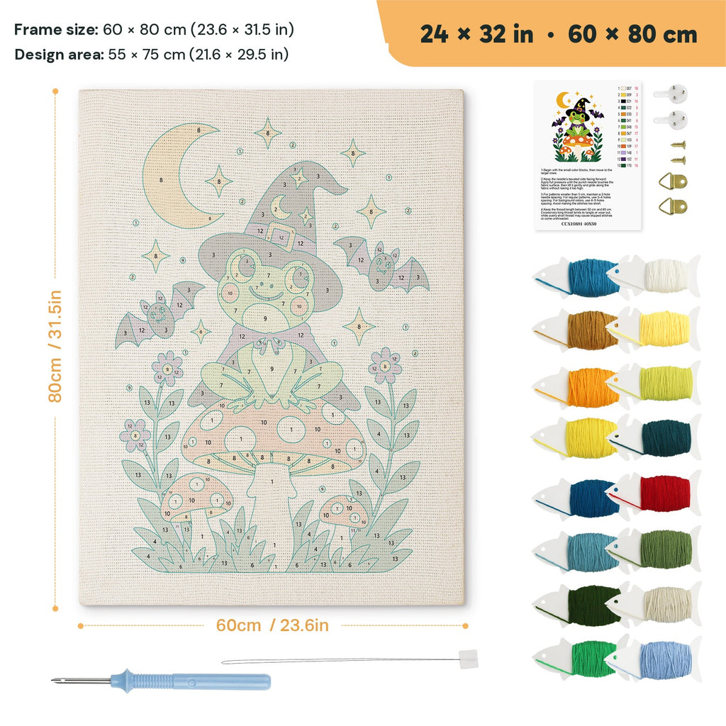 Frog Witch on a Toadstool punch needle kit, 24 × 32 in (60 × 80 cm): canvas size and kit contents