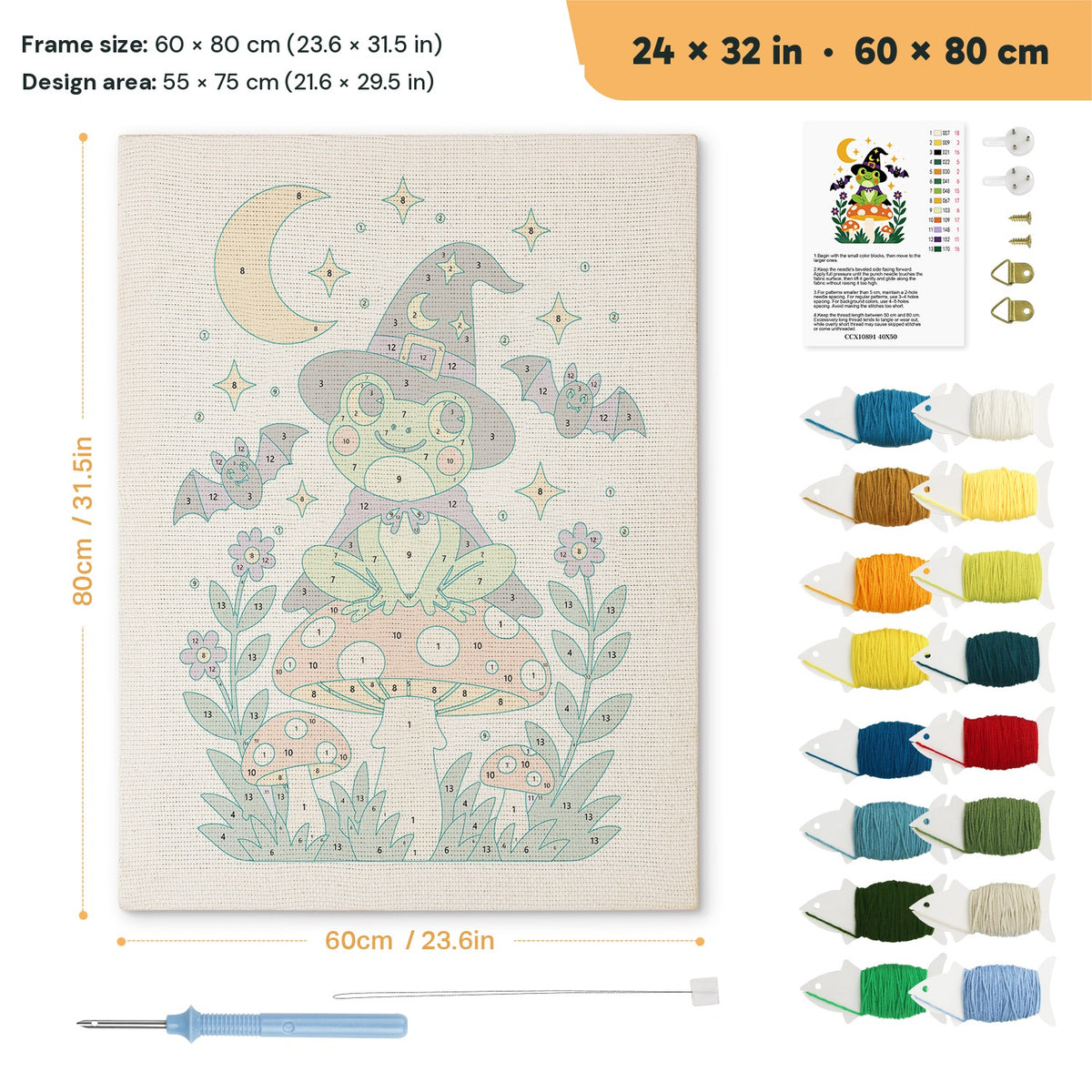 Frog Witch on a Toadstool punch needle kit, 24 × 32 in (60 × 80 cm): canvas size and kit contents