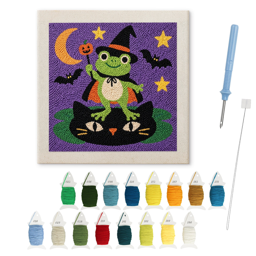Frog Witch punch needle kit: finished canvas with threads, punch needle and threader
