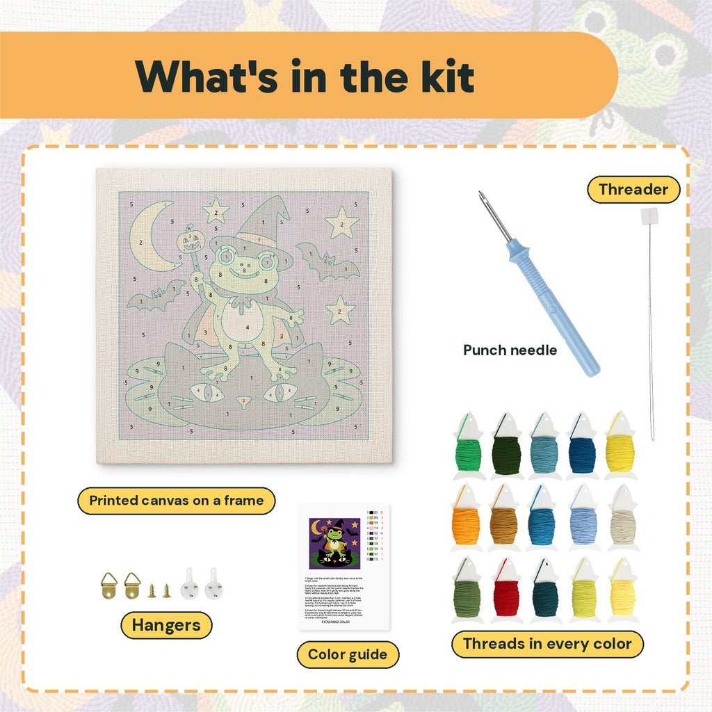 What is in the Frog Witch kit: printed canvas, punch needle, threader, threads, color guide and hangers