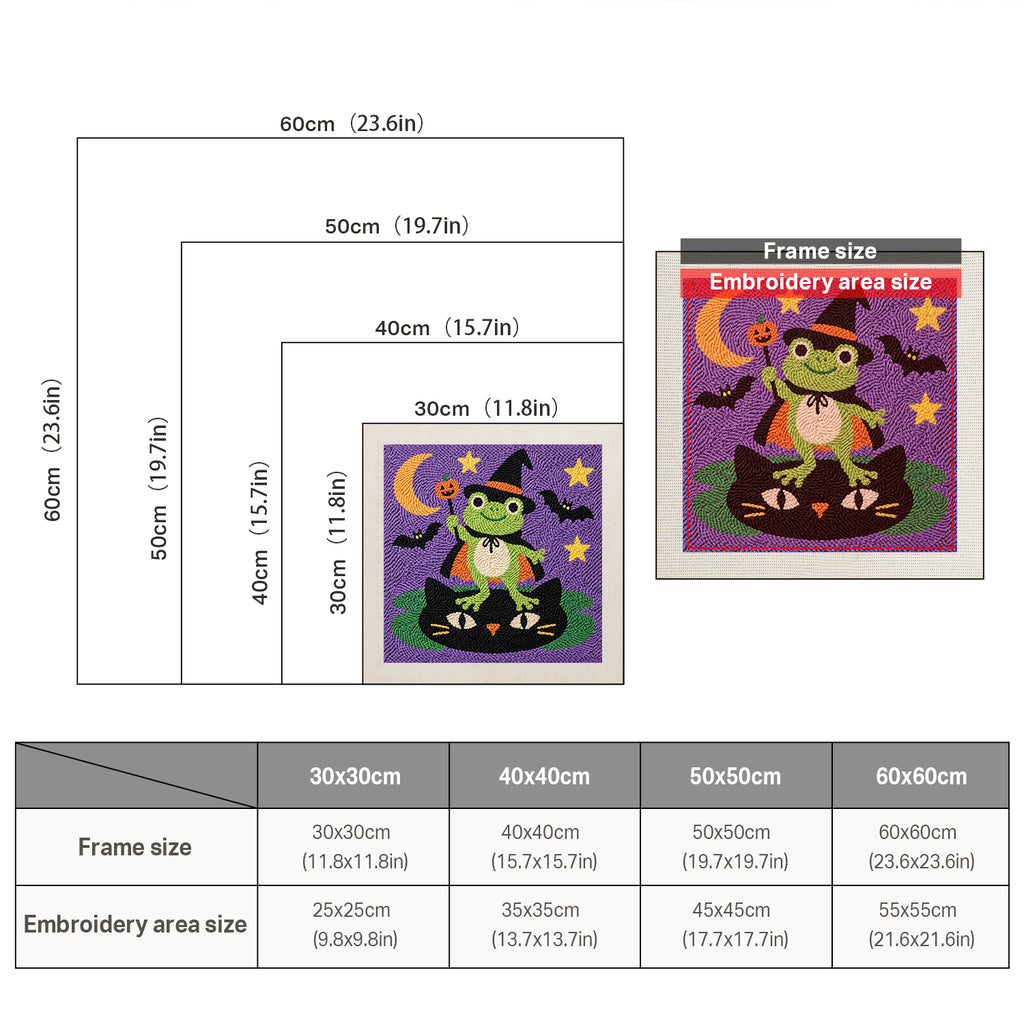Size chart for square punch needle kits from 30 x 30 cm to 60 x 60 cm