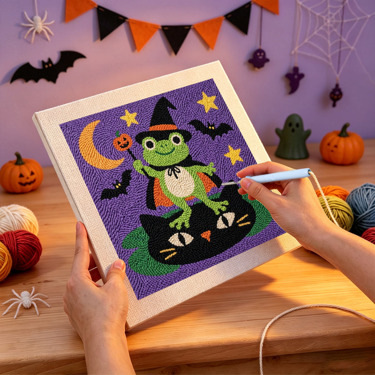 Punching the Frog Witch design with the punch needle