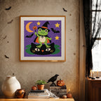 Finished Frog Witch punch needle canvas on a wall
