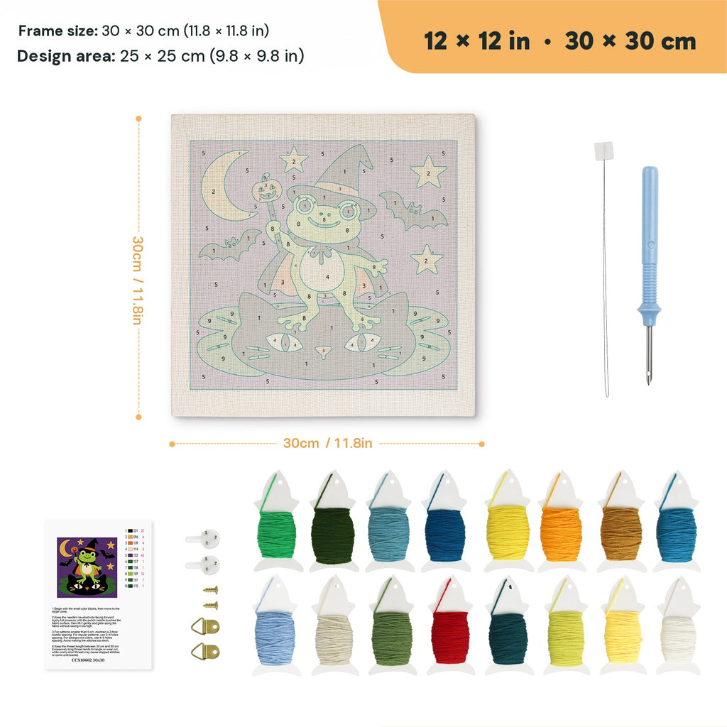 Frog Witch punch needle kit, 12 × 12 in (30 × 30 cm): canvas size and kit contents