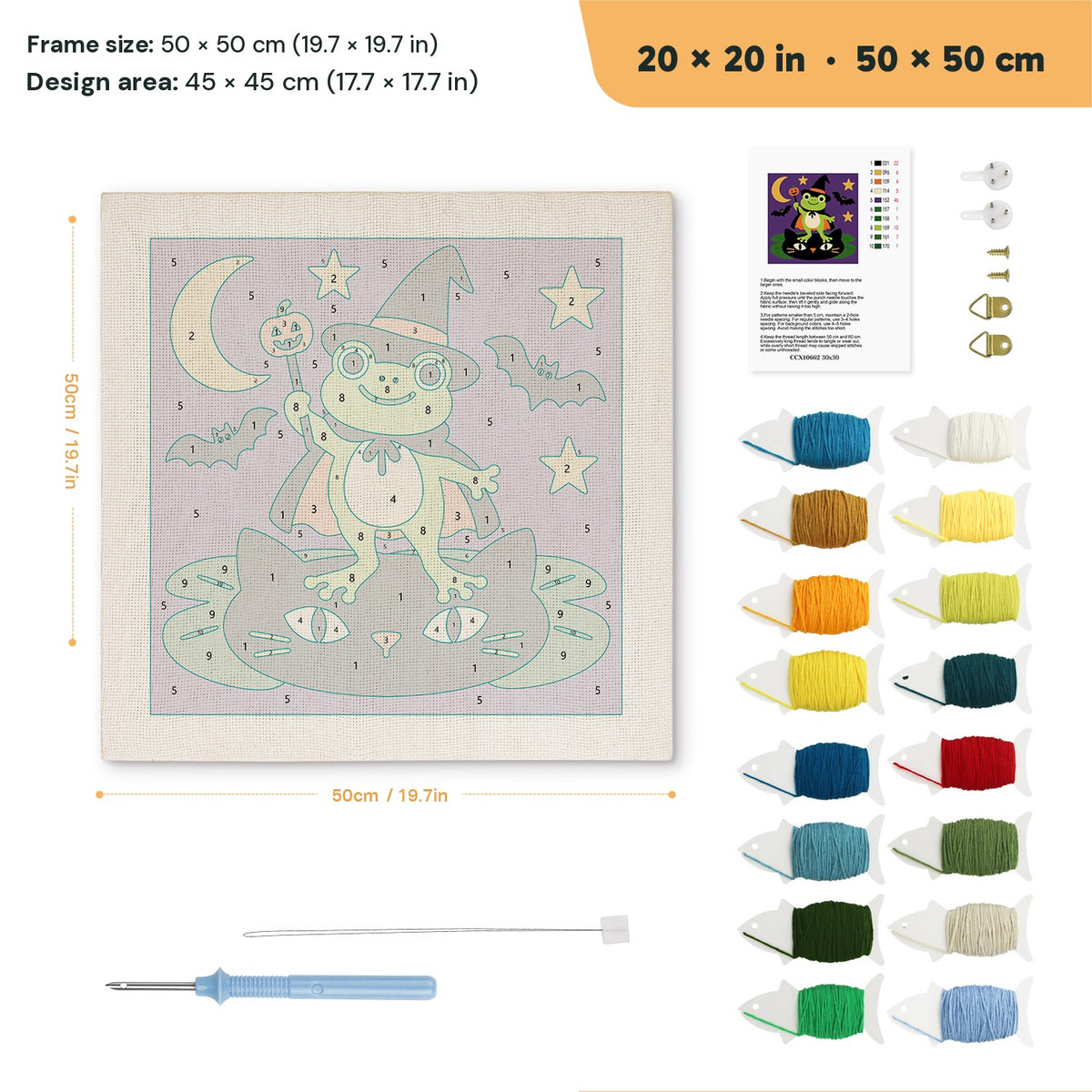 Frog Witch punch needle kit, 20 × 20 in (50 × 50 cm): canvas size and kit contents