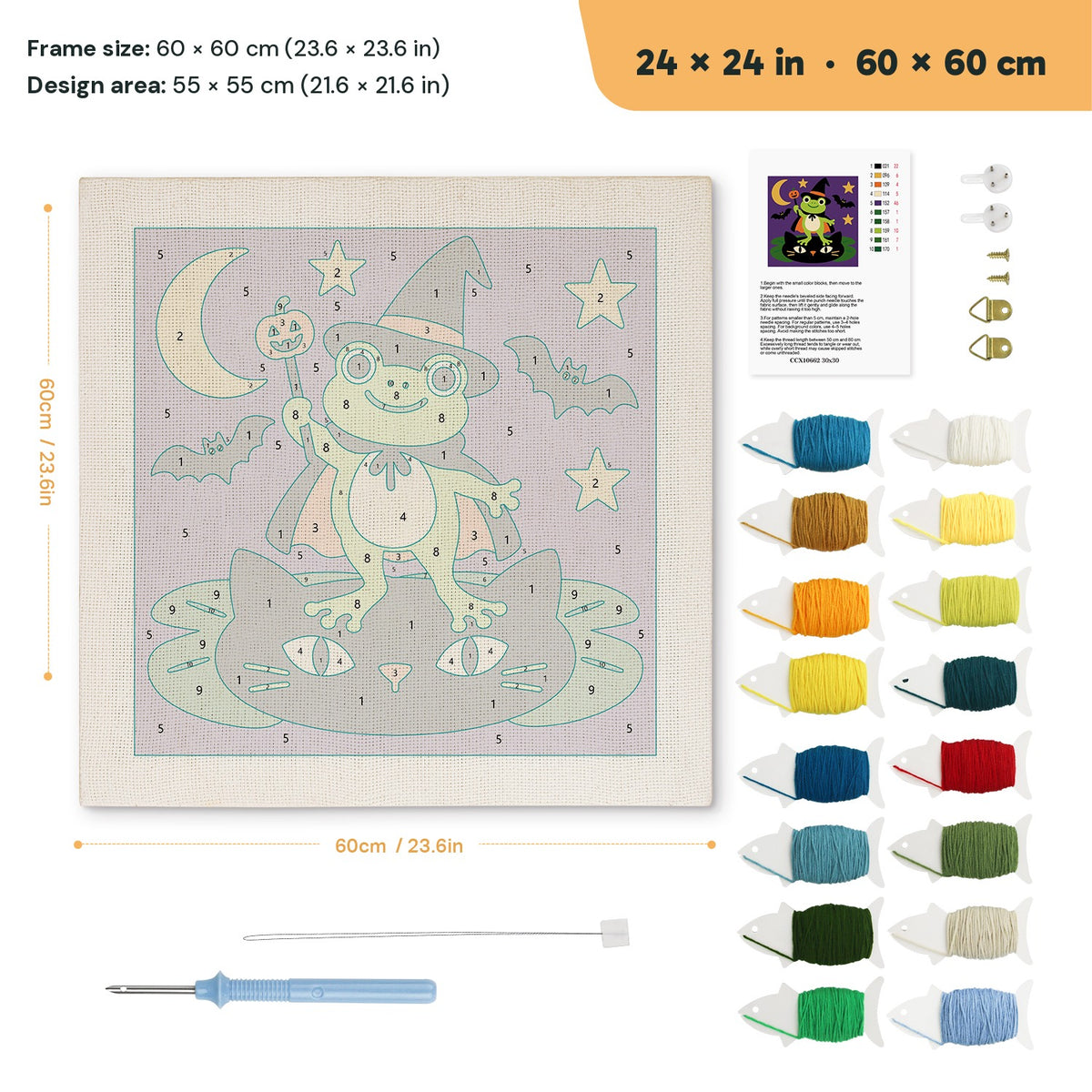 Frog Witch punch needle kit, 24 × 24 in (60 × 60 cm): canvas size and kit contents