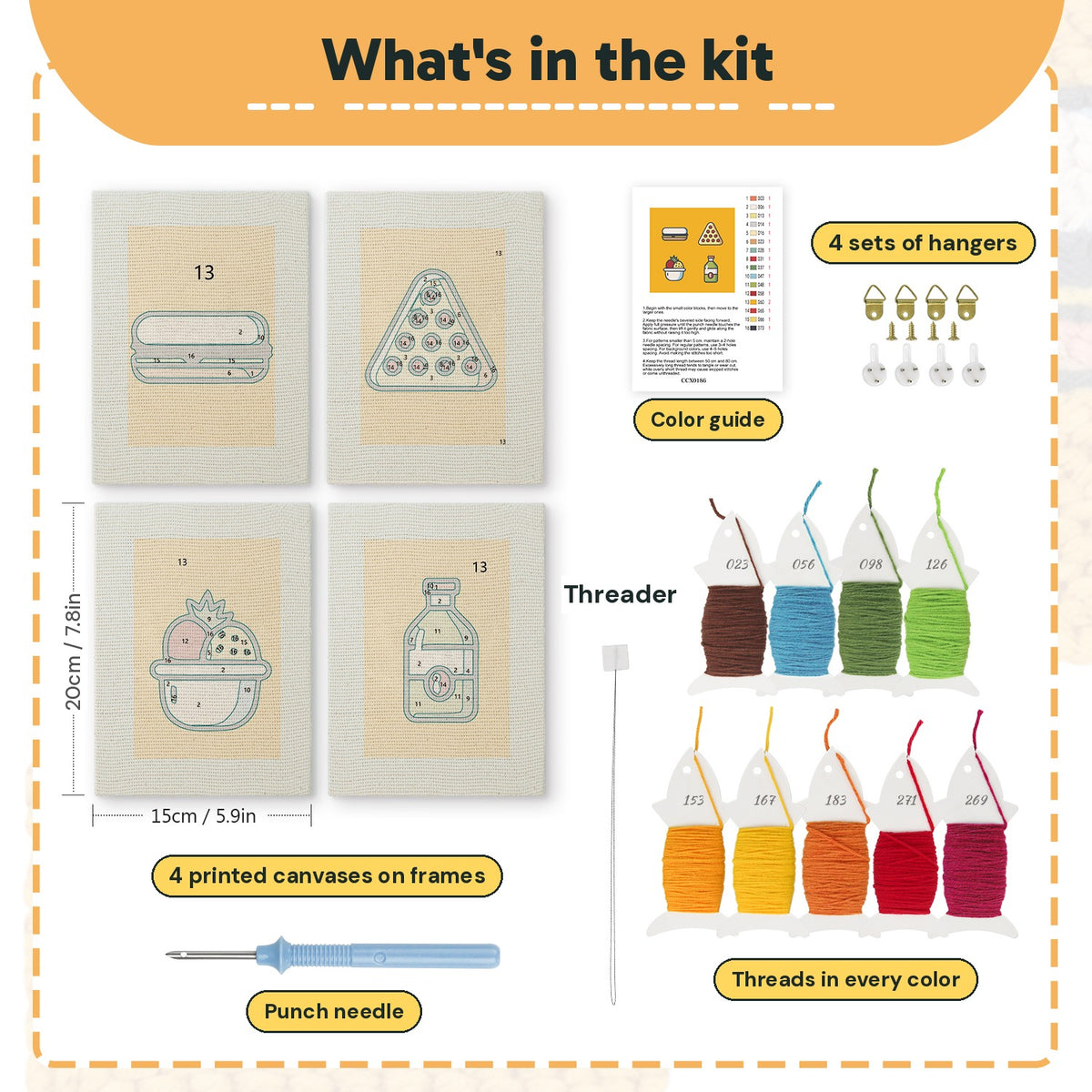 What is in the Fruit Bowl Pizza set: 4 printed canvases, punch needle, threader, threads, color guide and 4 sets of hangers (6 × 8 in (15 × 20 cm) each)