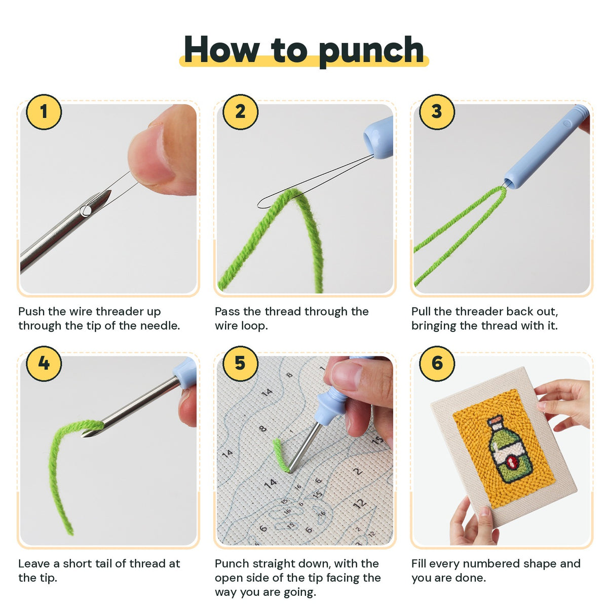 Six steps showing how to thread and use the punch needle