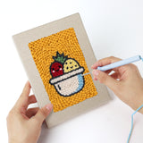Punching a Fruit Bowl Pizza mini canvas with the punch needle