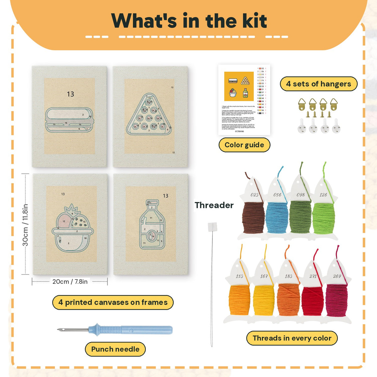 What is in the Fruit Bowl Pizza set, 8 × 12 in (20 × 30 cm) each: 4 printed canvases, punch needle, threader, threads, color guide and 4 sets of hangers