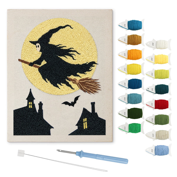 Full Moon Witch punch needle kit: finished canvas with threads, punch needle and threader