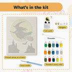 What is in the Full Moon Witch kit: printed canvas, punch needle, threader, threads, color guide and hangers