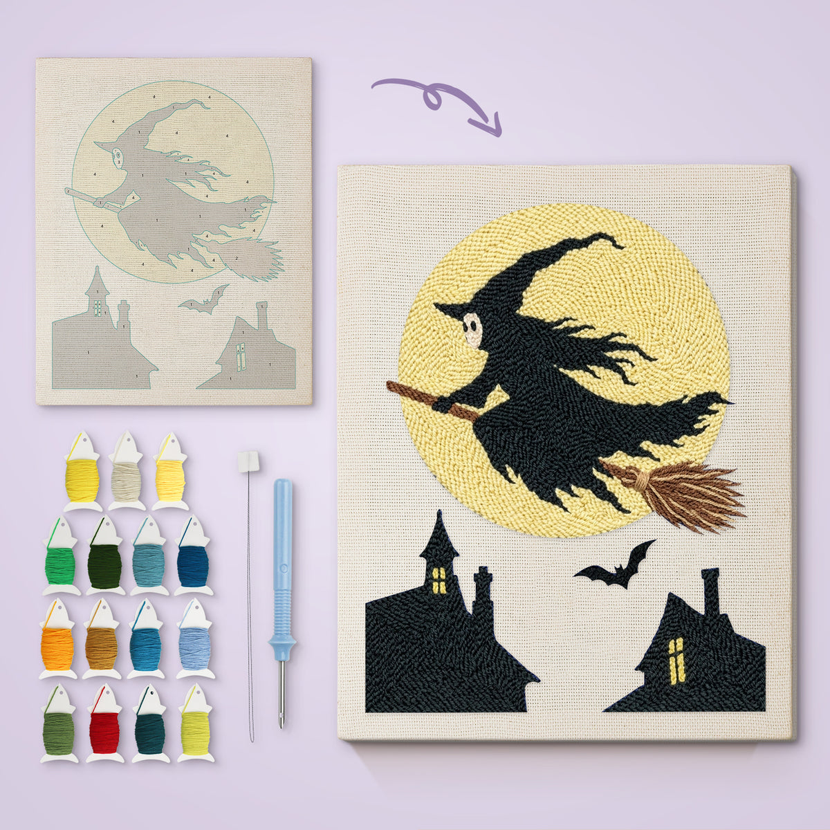Full Moon Witch canvas before and after punching, with the threads and tools