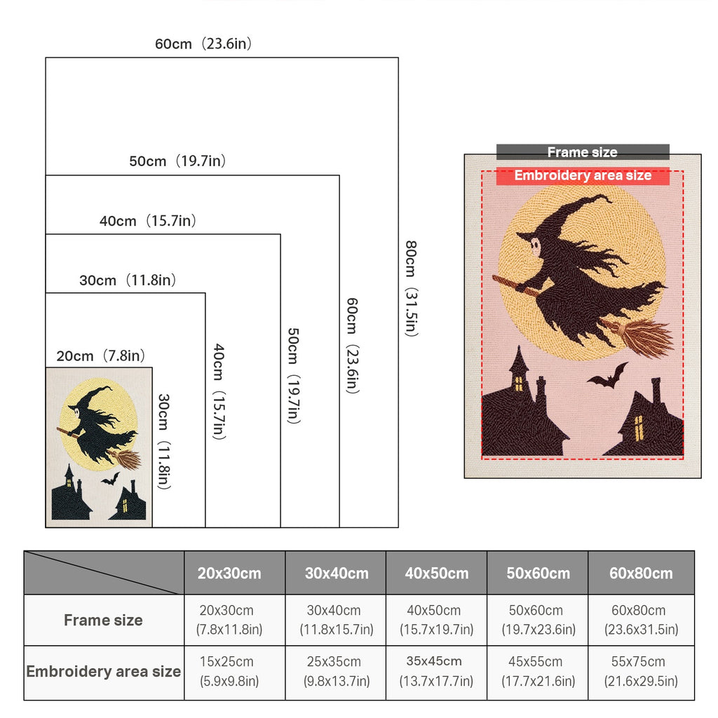 Size chart for punch needle kits from 20 x 30 cm to 60 x 80 cm