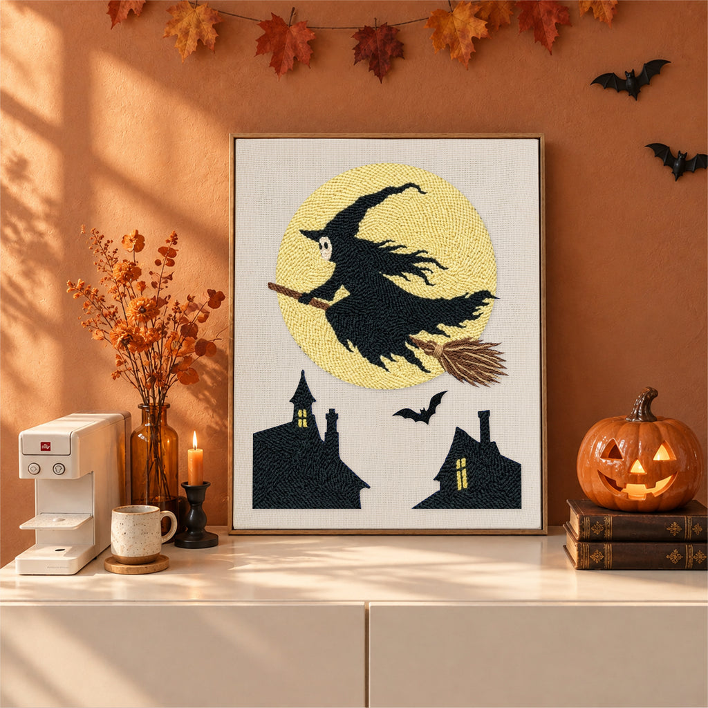 Finished Full Moon Witch punch needle canvas on a wall