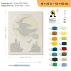 Full Moon Witch punch needle kit, 16 × 20 in (40 × 50 cm): canvas size and kit contents
