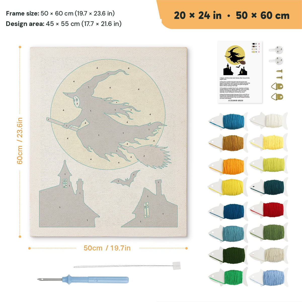 Full Moon Witch punch needle kit, 20 × 24 in (50 × 60 cm): canvas size and kit contents